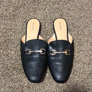 Black leather mules